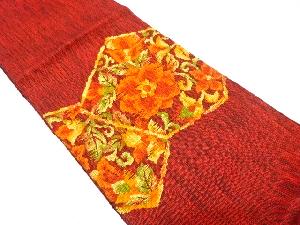 手織り真綿紬　唐花模様織り出し　名古屋帯